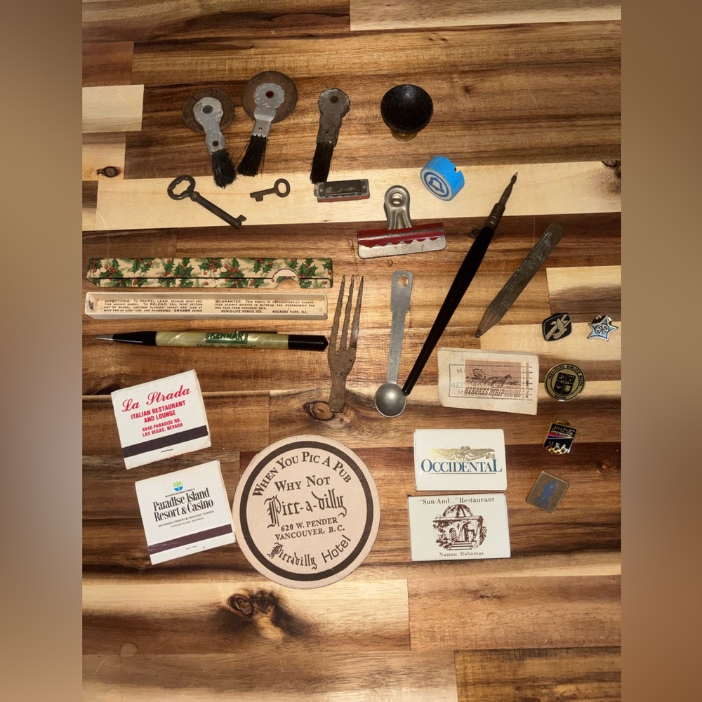 Vintage Curio Lot Industrial Tools Keys Pins Matchbooks Ephemera